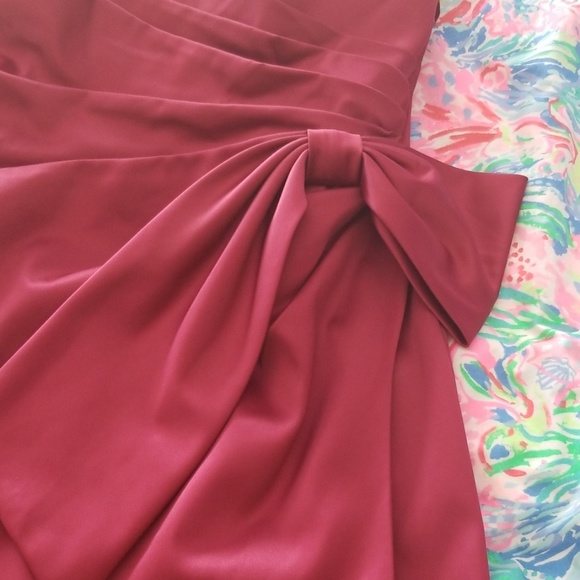 Satin maroon dark red strapless dress with bow - Picture 3 of 8